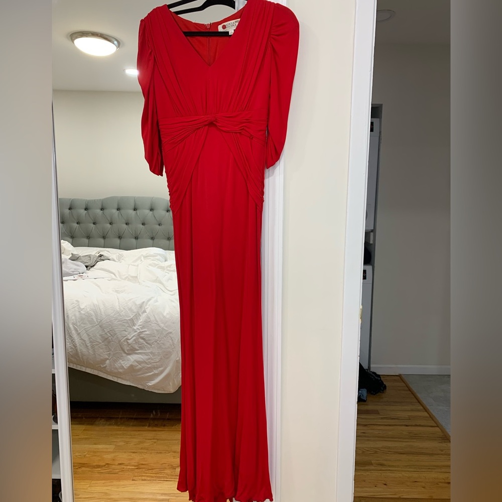 Red Badgley Mischka Long Dress with V Neck and Rouching elbow sleeves